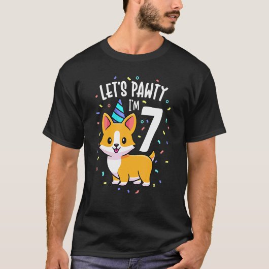 7歳のコーギー犬 7歳の誕生日パーティーの服 キ Tシャツ (正面)