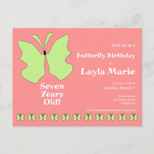 7歳のバタフライ・バースデーパーティー ポストカード (正面)