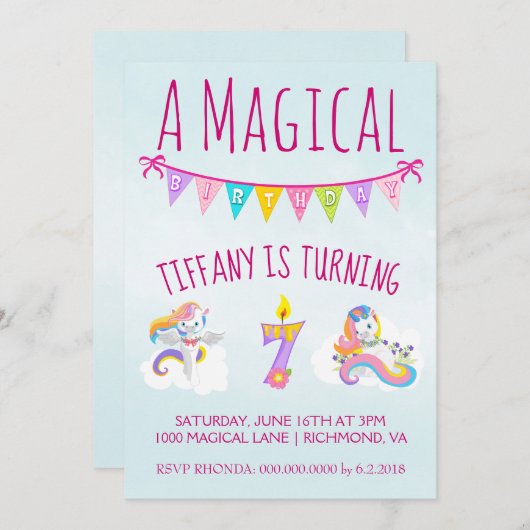 7歳のユニコーン誕生パーティー 招待状 (正面/裏面)