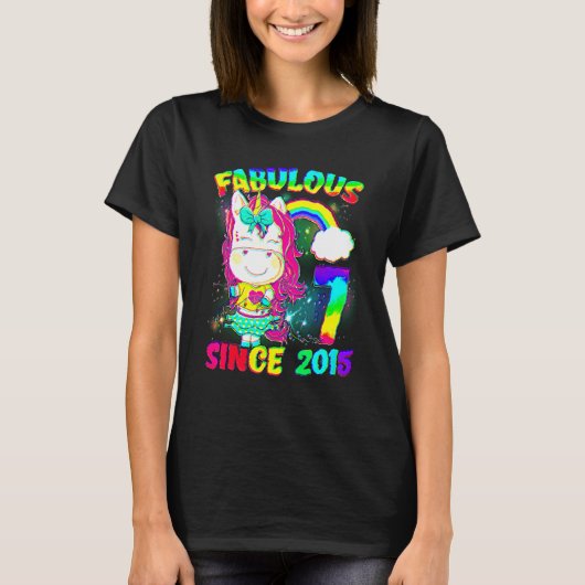 7歳のユニコーン 7歳の誕生日 ユニコーン ガールズ シンセ Tシャツ (正面)
