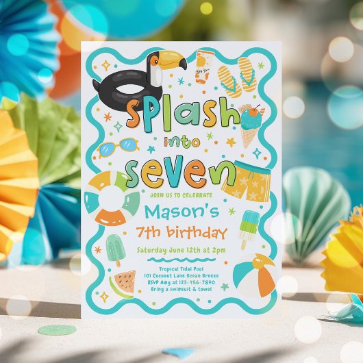 7歳の夏のプールパーティー誕生日おめでとう 招待状