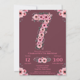 7歳の大きな誕生日ガール ピンクの花 緑の葉 招待状