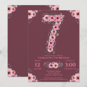 7歳の大きな誕生日ガール ピンクの花 緑の葉 招待状 (正面/裏面)