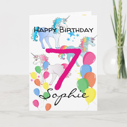 7歳の女の子のユニコーンバースデーカード カード (正面)