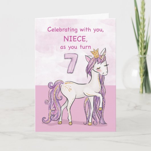 7歳の姪っ子の誕生日 ピンクの王冠を被った馬 カード (正面)