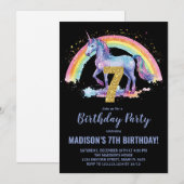 7歳の虹色ユニコーン誕生日招待状 招待状 (正面/裏面)