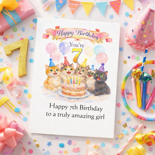 7歳の誕生日おめでとう - かわいい猫 カード