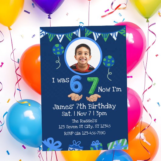7歳の誕生日おめでとう ブルーグリーンの絵 招待状