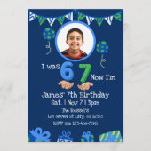 7歳の誕生日おめでとう ブルーグリーンの絵 招待状 (正面)