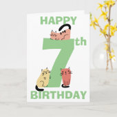7歳の誕生日おめでとう！メッセージ入り落書きネコデザイン カード (黄色い花)