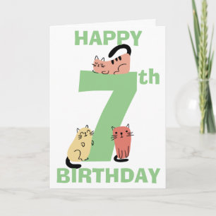7歳の誕生日おめでとう!メッセージ入り落書きネコデザイン カード