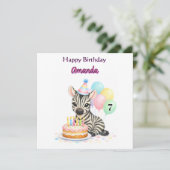 7歳の誕生日おめでとう 女の子 シマウマ グリーティングカード (スタンド正面)