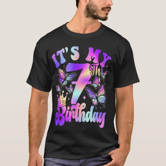 7歳の誕生日おめでとう 蝶のテーマ 7歳児パパ Tシャツ (正面)