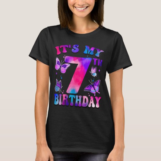 7歳の誕生日おめでとう 蝶のテーマ 7歳 パパ Tシャツ (正面)