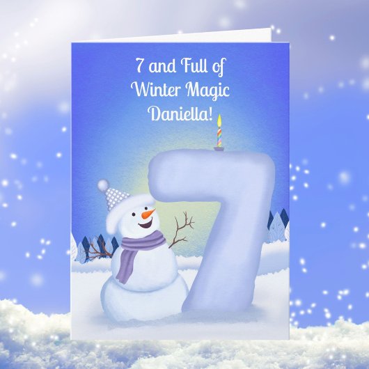 7歳の誕生日おめでとう 雪だるまと雪のセブン カード