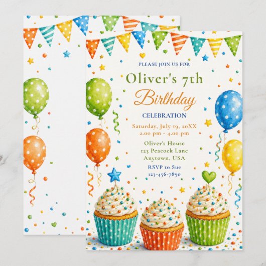 7歳の誕生日お祝いカップケーキ 招待状 (正面/裏面)