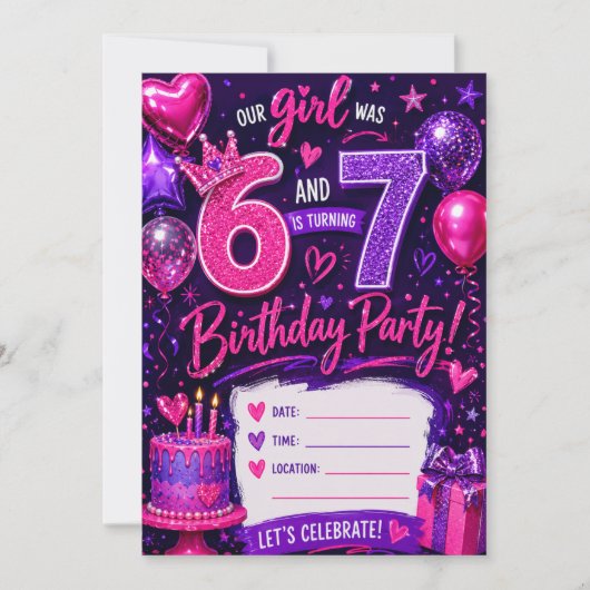 7歳の誕生日お祝い招待状 "Our Girl Was 6 & Is Turning 7" 招待状 (正面)