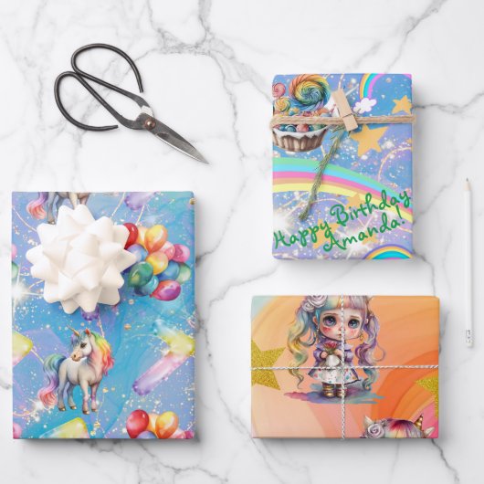 7歳の誕生日のユニコーンパーソナライズされたギフトラップ ラッピングペーパーシート (正面)