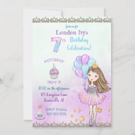 7歳の誕生日の女の子プリンセスカップケーキバルーン 招待状