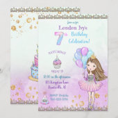 7歳の誕生日の女の子プリンセスカップケーキバルーン 招待状 (正面/裏面)