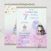 7歳の誕生日の女の子プリンセスカップケーキバルーン 招待状 (正面/裏面)