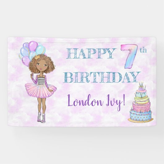 7歳の誕生日の女の子プリンセス アフリカ系アメリカ人 横断幕 (横)