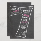 7歳の誕生日ガール チョークボード ピンク ナンバー 招待状 (正面/裏面)