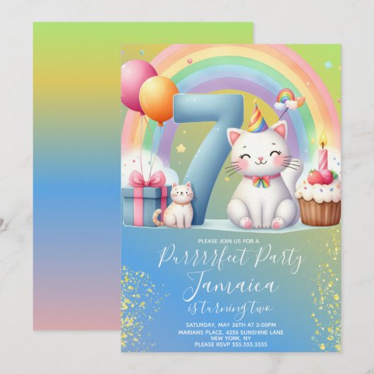 7歳の誕生日キットン虹色パーティー 招待状 (正面/裏面)
