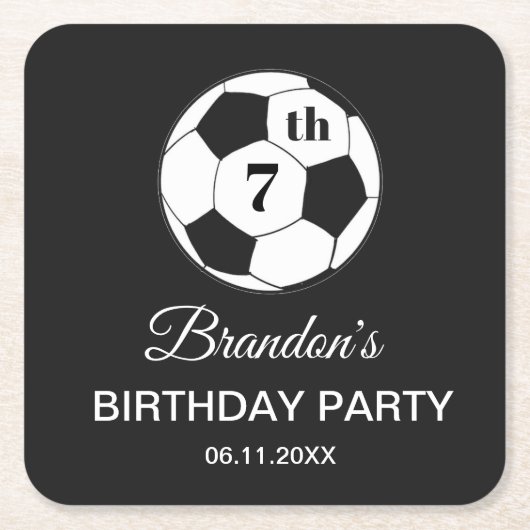 7歳の誕生日パーティー サッカー 黒 男子 スポーツ スクエアペーパーコースター (正面)