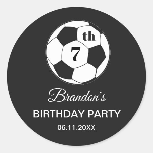 7歳の誕生日パーティー サッカー 黒 男子 スポーツ ラウンドシール (正面)