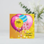 7歳の誕生日パーティー ピンク イエロー ブルー 風船 女の子 招待状 (スタンド正面)