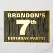 7歳の誕生日パーティー：大胆な偽の木目模様 箔招待状 (正面)