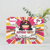 7歳の誕生日パーティー 女の子 スーパーヒーロー ピンク コミック ご招待 招待状 (スタンド正面)