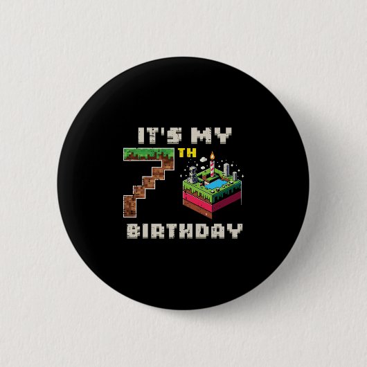 7歳の誕生日ピクセルゲーム7ケーキビデオゲーム男子 缶バッジ (正面)