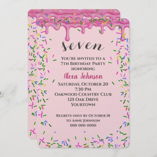 7歳の誕生日ピンクのアイシングとスプリンクル 招待状 (正面/裏面)