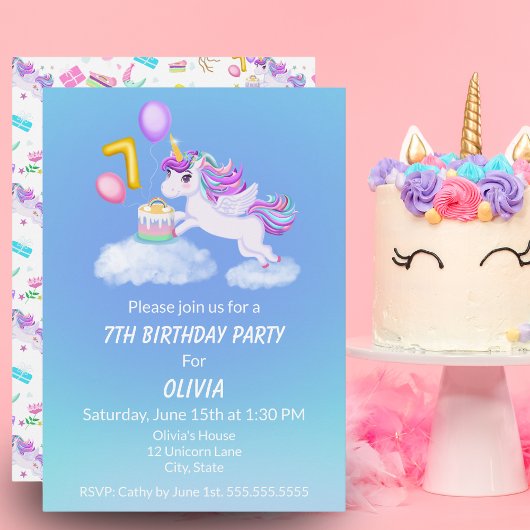 7歳の誕生日ユニコーン+ケーキの招待状 招待状