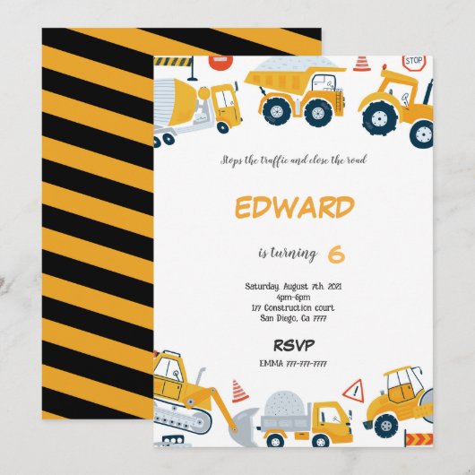 7歳の誕生日建設少年招待状 招待状 (正面/裏面)