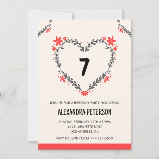 7歳の誕生日招待状のフローラハート 招待状 (正面)