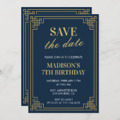 7歳の誕生日招待状ガール日付を保存する海軍 招待状 (正面/裏面)