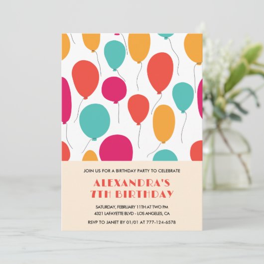 7歳の誕生日招待状バルーンカラフル 招待状 (スタンド正面)