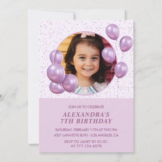 7歳の誕生日招待状バルーン写真パープル 招待状 (正面)