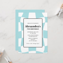 7歳の誕生日招待状レトロ市松模様にブルー 招待状