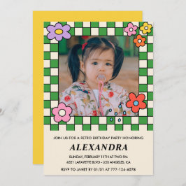 7歳の誕生日招待状レトロGroovy花 招待状