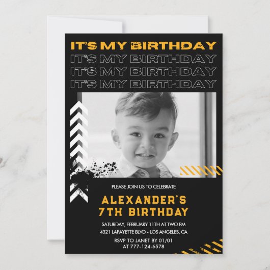 7歳の誕生日招待状少年フォトスプレー絵を描 招待状 (正面)