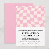 7歳の誕生日招待状 チェック柄 レトロ ピンク 招待状 (正面/裏面)