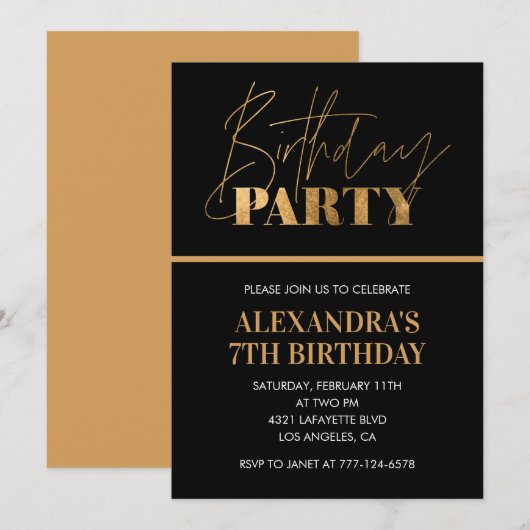 7歳の誕生日招待状 誕生日ディナー ブラック 招待状 (正面/裏面)