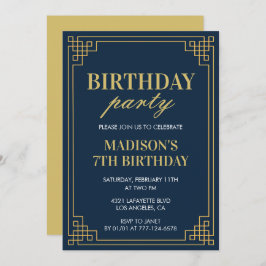 7歳の誕生日招待状 誕生日パーティー 女の子 ネイビー 招待状