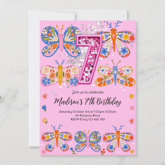 7歳の誕生日蝶 招待状 (正面)