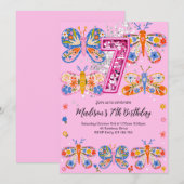 7歳の誕生日蝶 招待状 (正面/裏面)