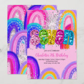 7歳の誕生日 シークイン レインボー パーティー 招待状 (正面/裏面)